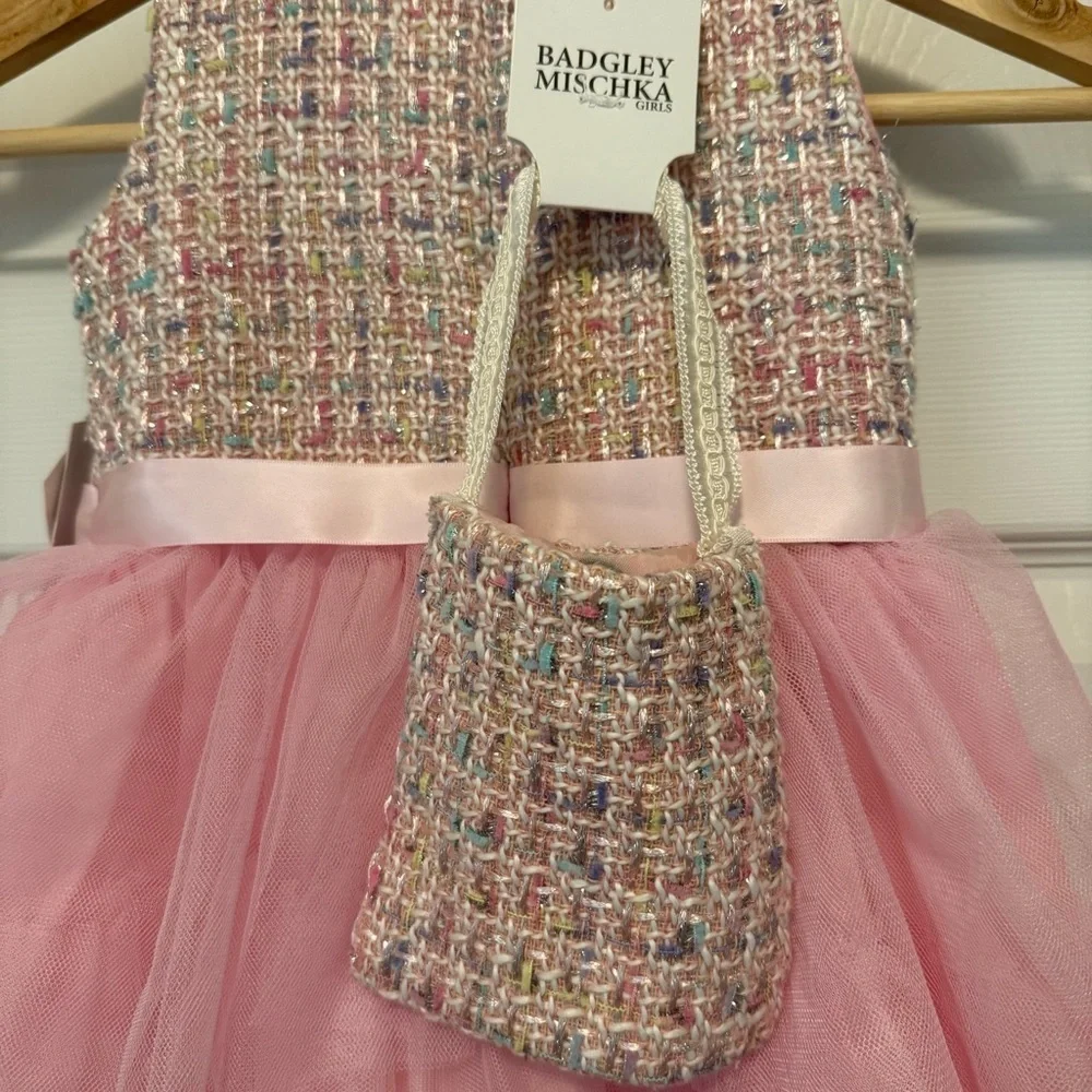 NWT Badgley Mischka Tweed Bodice Tiered Tulle Skirt Girls Dress with Bag Set
